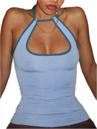 Women Contrast Color Trim Halterneck Sleeveless Top