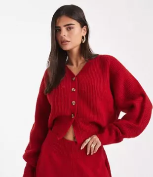 Ribbed v-neck Chunky Cardi Red Co-ord
