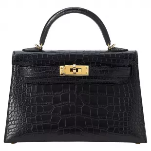 Kelly 20 Mini Noir/Alligator noir Matte Gold Hardware
