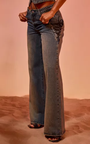 Blue Vintage Wash Lace Up Pocket Straight Leg Jeans