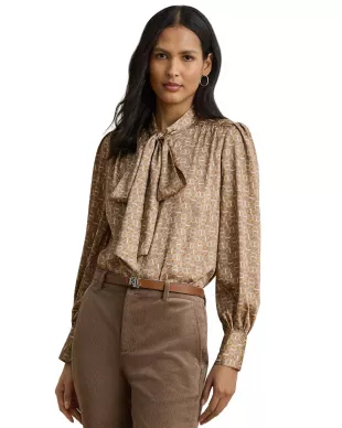 Geo-Print Twill Tie-Neck Blouse