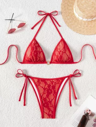 Swim Women's Lace Up Halter Sexy Bikini 2 Pieces Swimwear Set