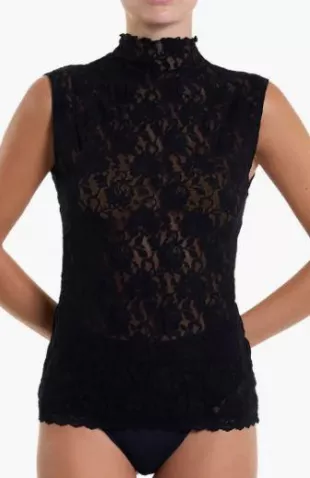 Black Sheer Lace Sleeveless Mock Neck Top