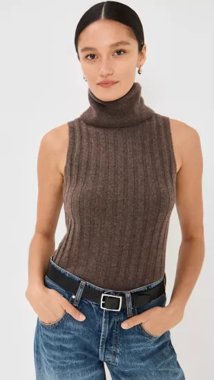 Brown Ribbed Knit Sleeveless Turtleneck