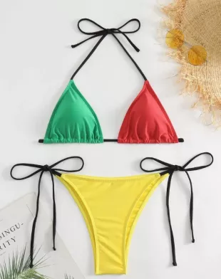 New Arrival Women's Red/green/yellow Color Block String Bikini For Sports