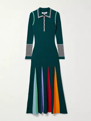 Godet Striped Ribbed Merino wool Polo Maxi Dress