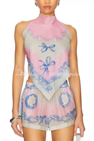 Amalfi Coast Satin Unique Print Scarf Top and Elastic Waist Pocket Loose Shorts Set