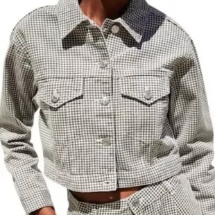 Gingham Cropped Long Sleeve Cotton Denim Jacket