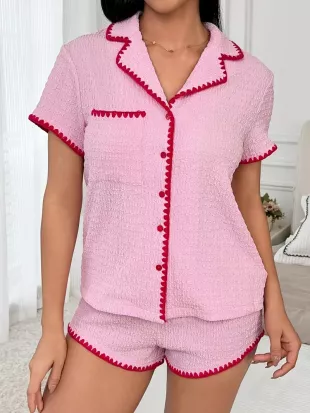 Women's Flower Embellished Single Breasted Short Sleeve Top And Shorts