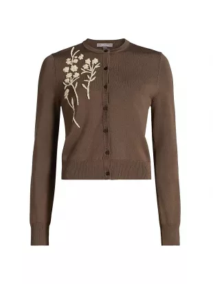 Embroidered Crewneck Cardigan in Chocolate