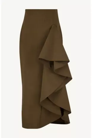 Stretch Cotton Twill Ruffle Detail Pencil Skirt