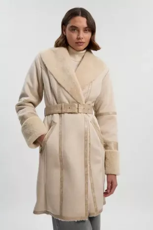 Faux Shearling Snake Tipped Belted Short Cuff and Collar Coat
