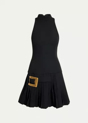 Belted Pleated Halter Mini Dress
