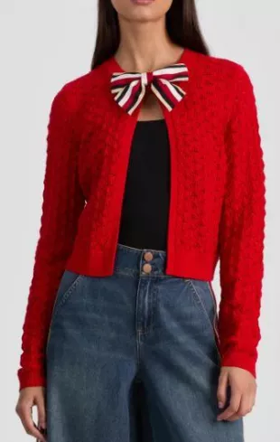 Dollie Pointelle Wool Blend Bow Accent Cardigan