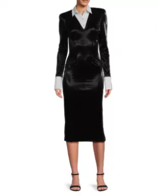 Poplin-Collar Velvet Midi-Dress