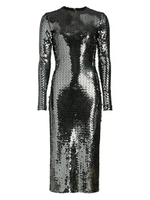 Sequined Long-Sleeve Body-Con Midi-Dress