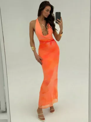 Aloruh Romantic Date Night Plunging Draped Neck Halter Backless Tight Dress