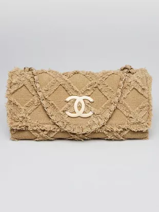 Dark Beige Diamond Stitch Tweed Nature Maxi East/West Flap Bag