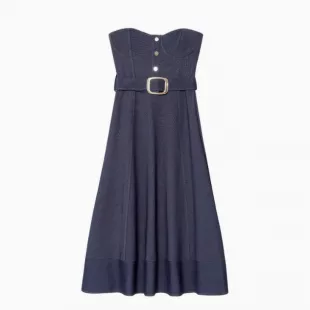 Strapless Belted Denim Midi Dress