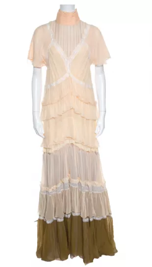 Beige and Lilac Tiered Silk Chiffon Lace Trim Ruffled Maxi Dress