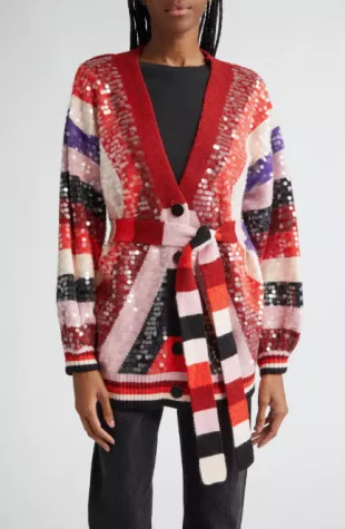 Colorful Stripes Sequin Belted Cardigan