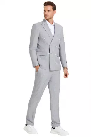 Men's Slim Fit Double Breasted Pastel Grey Pinstripe Summer Suit