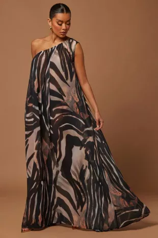Brown Animal Print Chiffon One Shoulder Dress