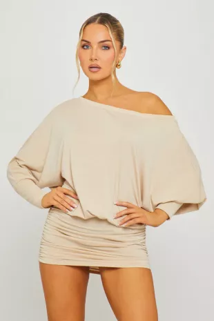 Stone Off Shoulder Ruched Batwing Mini Dress
