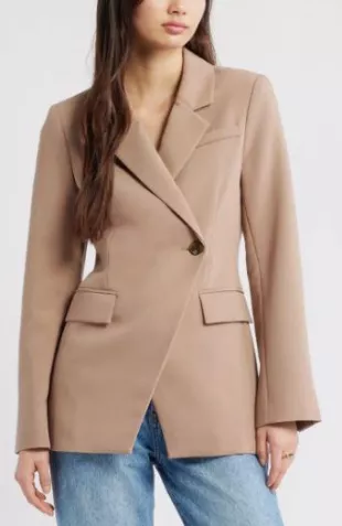 The Icon Asymmetric Fitted Blazer in Tan Portabella