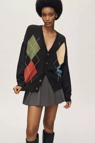 Oversized Argyle Cardigan Sweater