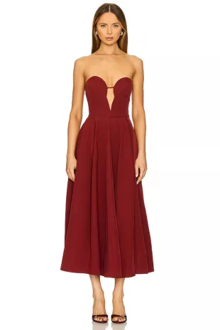 Burgundy Strapless Cut Out Midi Dress