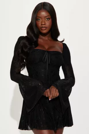 Black Lace Long Sleeve Mini Dress