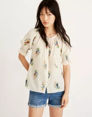 Smocked Button Down Top in Classic Corsage