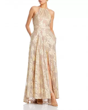 Foil Knit Metallic Halter Gown