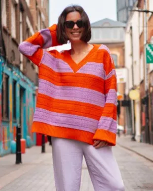 Millie Crochet Stripe V Neck Cotton Blend Jumper