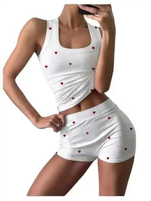 2 Piece Outfits Heart Graphic Fitted Tank Top and Mini Shorts Casual Lounge Clothing Sets