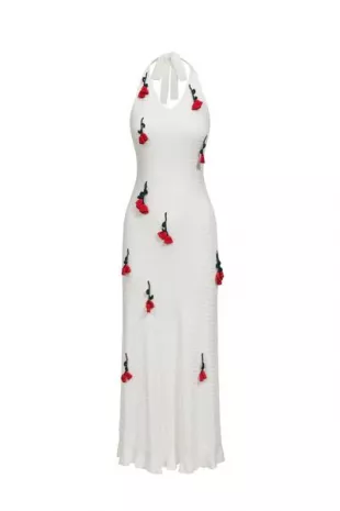 Halterneck Knit Dress With Crocheted Flowers - White