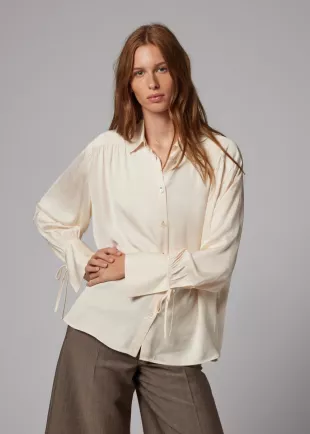 Gathered Blouse with Tie Sleeves in Cream