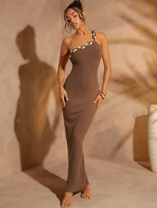 Hauture Women's One Shoulder Two Tone Braided Jersey Midi Dress