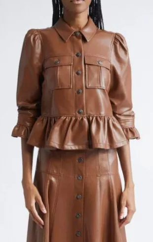 Delanie Faux Leather Peplum Jacket in Dark Sepia