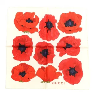 Silk Poppy Print Square Scarf Ivory Red