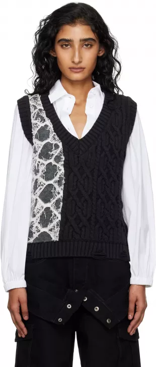 Black & Gray Boucle Cable Patchwork Knit Vest