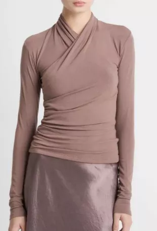 Long Sleeve Knit Wrap Top in Smoky Berry