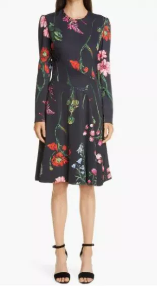 Long Sleeve Seamed Floral Crepe A-Line Dress