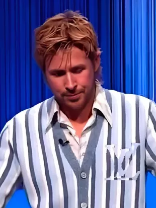 Jeopardy 2026 Ryan Gosling Blue Striped Cardigan