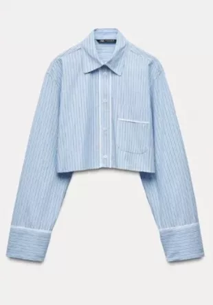 Blue/White Poplin Striped Lapel Collar Cropped Shirt