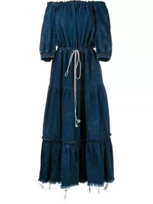 Tiered Ruffle Off Shoulder Drawstring Denim Maxi Dress