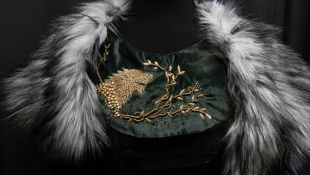 Inspired by Sansa Stark green velvet dress , embroidered wolf, shoulder's fur and cloak season 6 Game of Thrones custom made to your size!