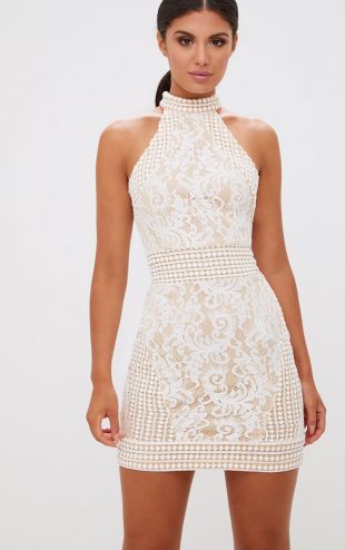 White High Neck Lace Crochet Bodycon Dress