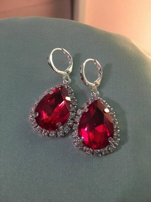 Boucles d’oreilles rouge rubis, boucles en argent Sterling, poire en forme de Pierre de verre, environné de strass clairs brillantes, New